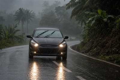 Veículo em estrada com chuva